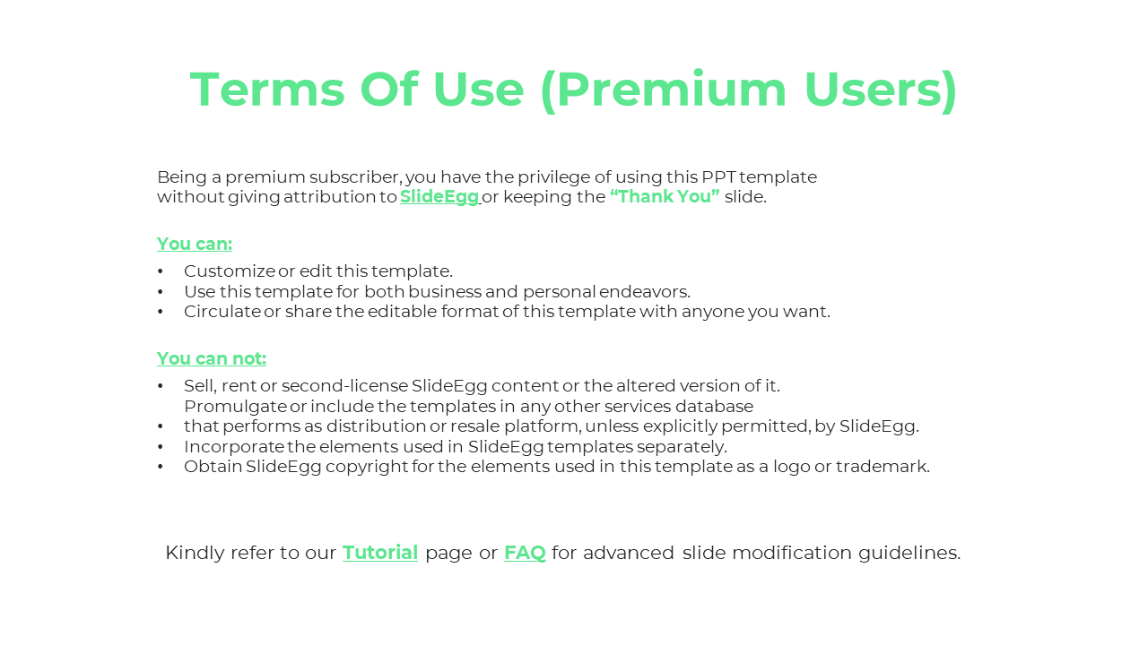 Simple slide with a green heading, black text, and bullet points outlining permitted and prohibited template usage.
