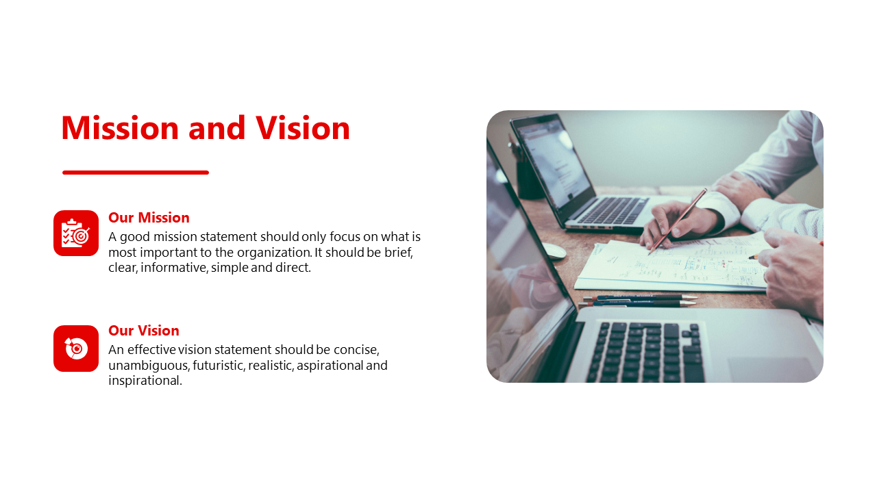 Slide with bold red headings, a structured mission and vision icons, and an image of a workspace with laptops and notes.