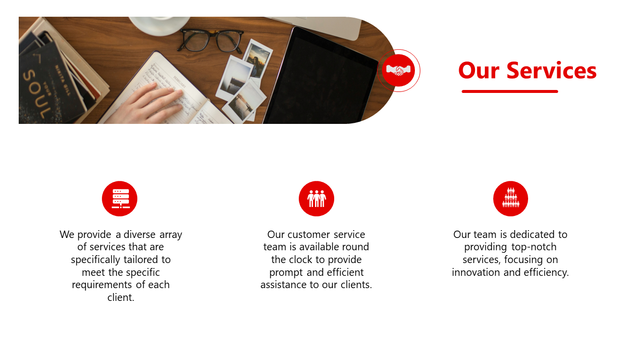 Slide layout with a top image of a workspace and three red circular icons below, each with a service description.