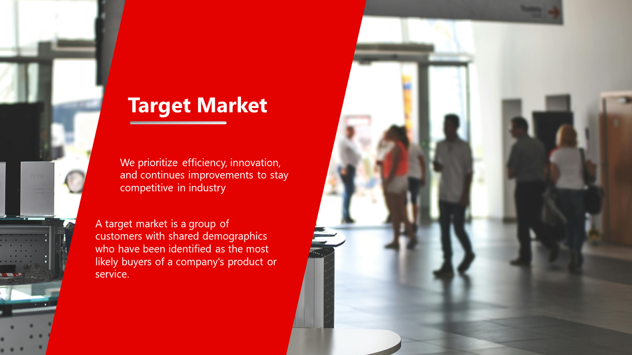 Red overlay on the left contains white text, on a blurred shopping mall scene with people is on the right.