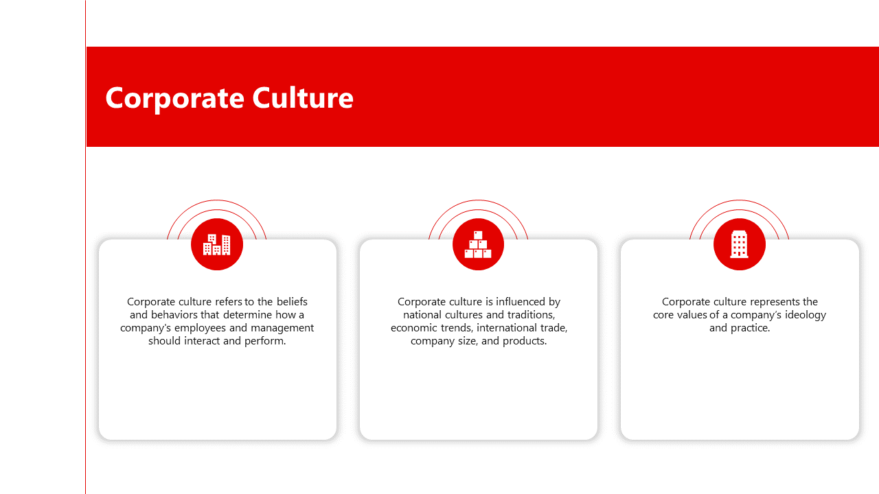 Side with three key points in white boxes, each with a red icon above representing company culture values.