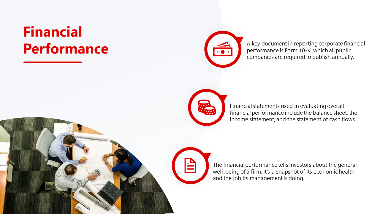 Financial performance slide with three red icons and text, and an overhead image of people working on documents.