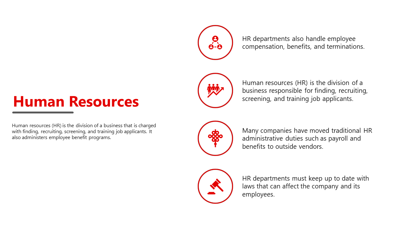 HR slide with a bold title, black description, and four red circular icons with text aligned to the right.