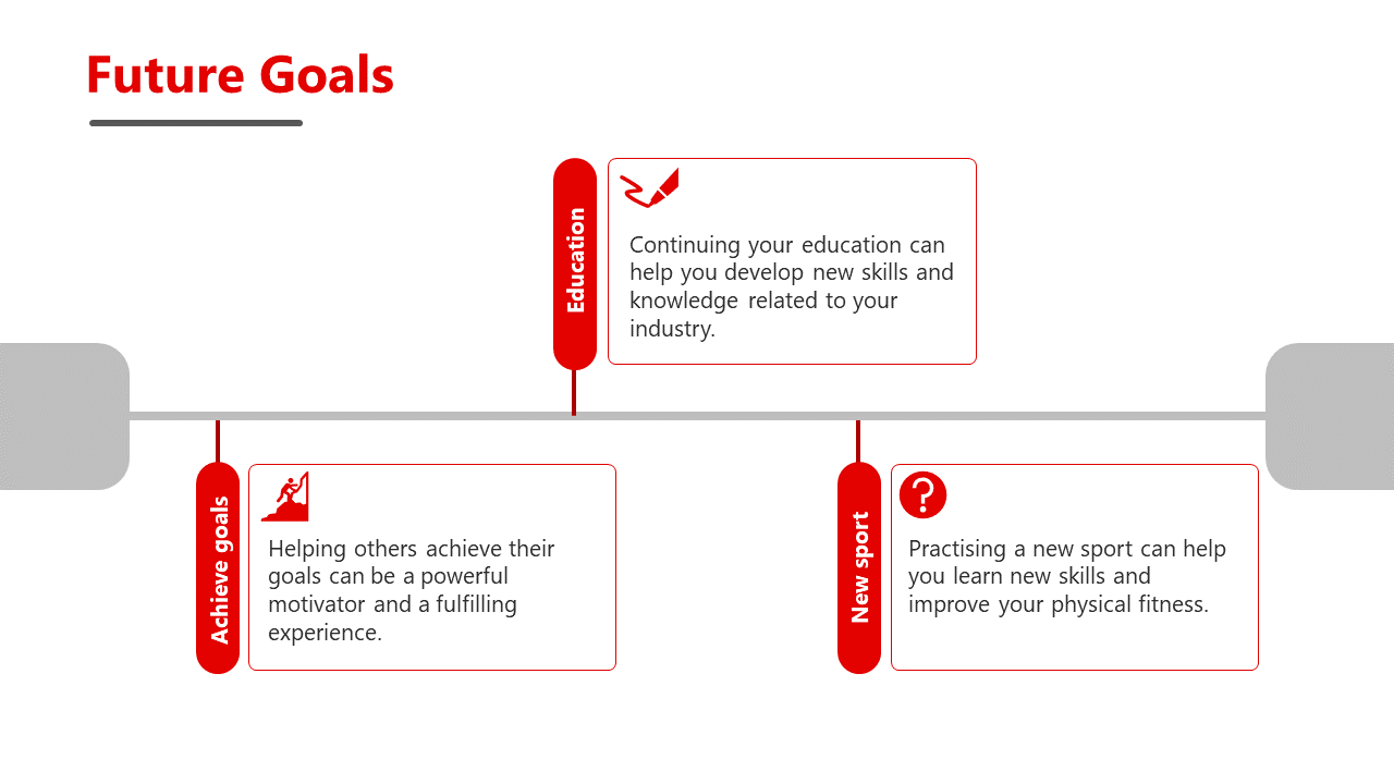 Slide with a grey line connecting three red labels, and white text boxes highlighting education, goals, and sports.