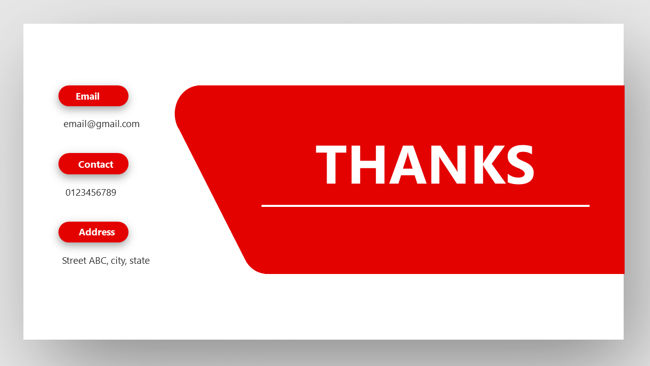 Thank you slide featuring a red geometric shape with white text, and contact details aligned on the left.