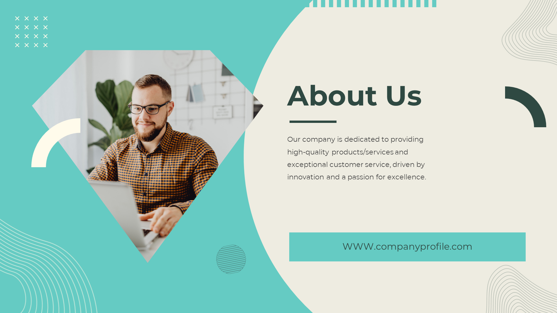 About us slide featuring a professional man working on a laptop and text on the right, set on a teal and beige color theme.