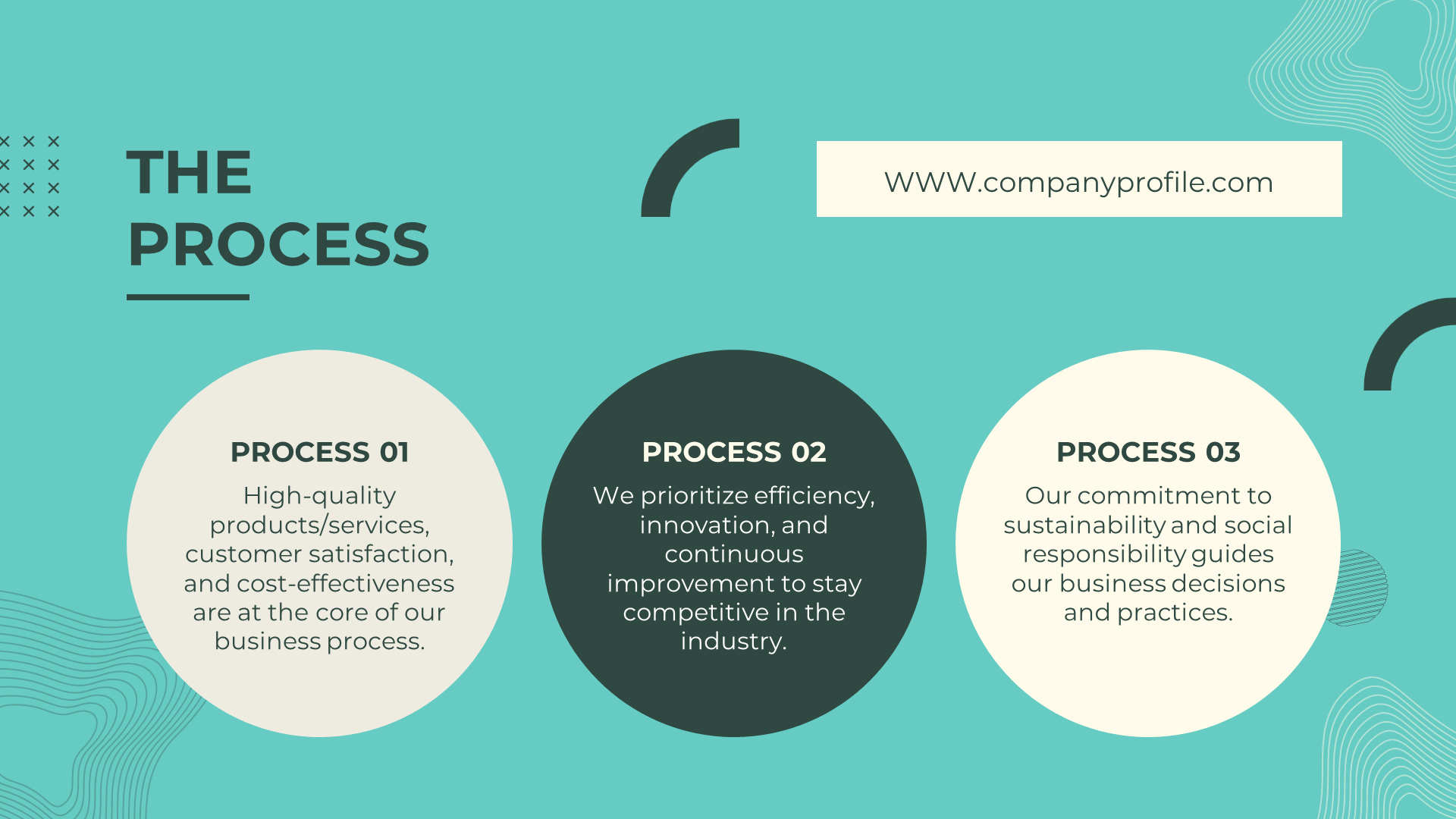 Process slide with a teal background, featuring three circular sections highlighting key processes, and a website link.