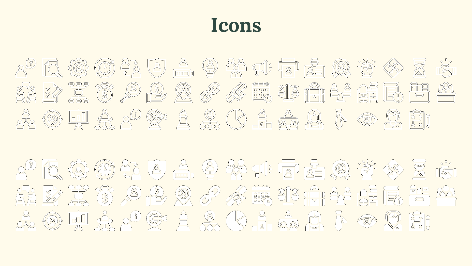 Slide on a light beige background displaying two sections of business themed black icons in outline and filled styles.