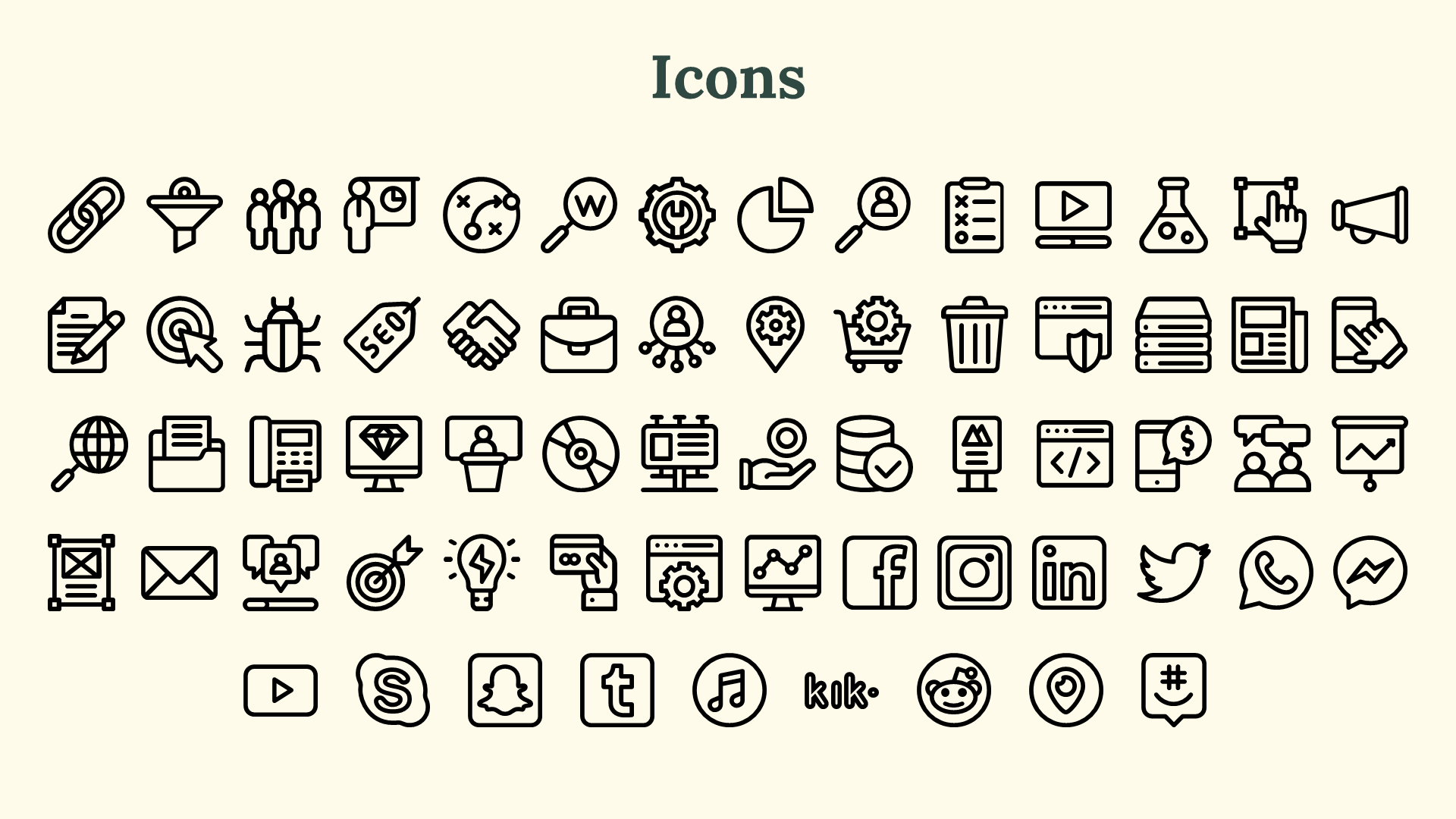Beige slide with a centered title and a grid of black outline icons in circular and square shapes, arranged neatly.