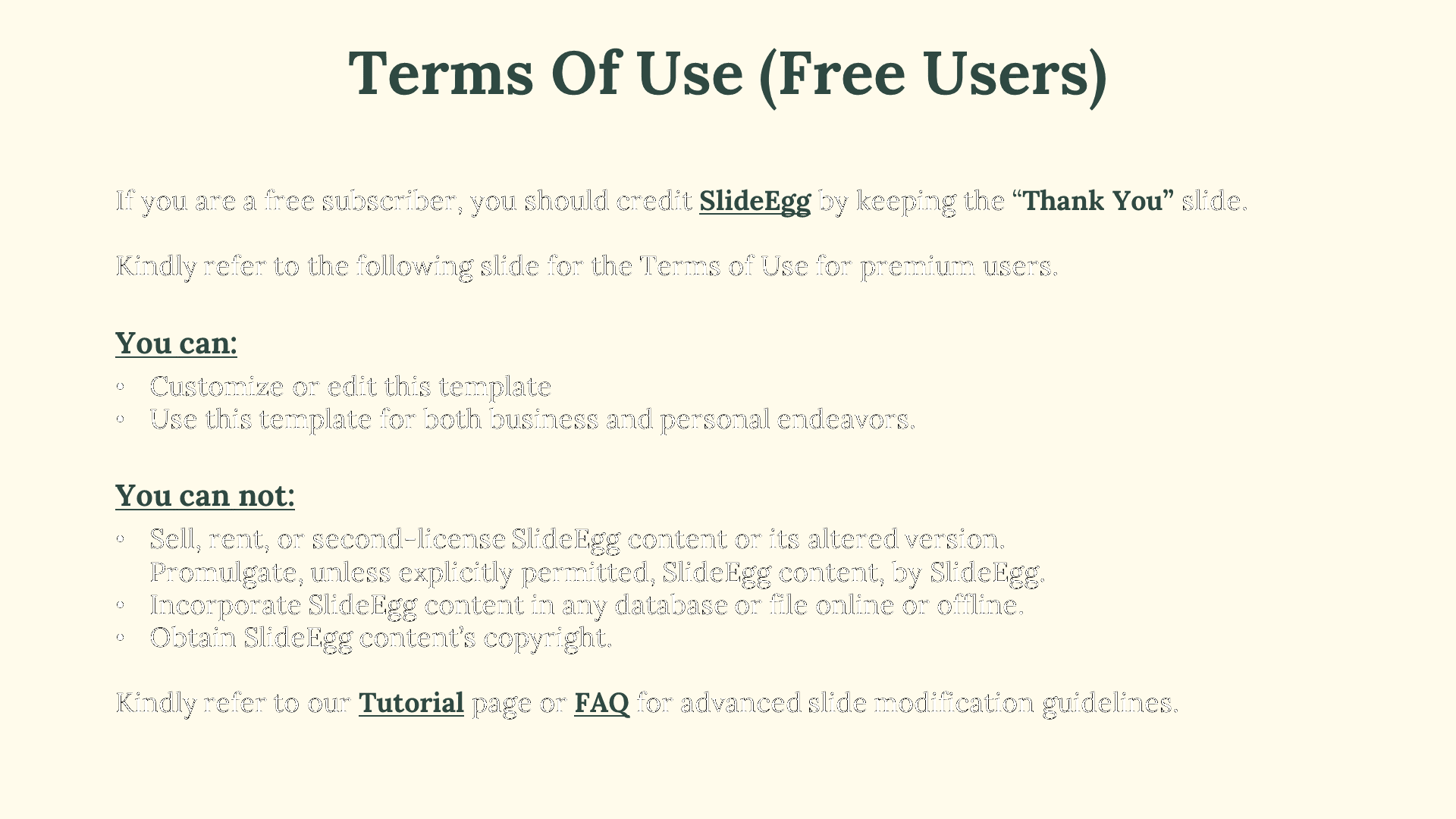 Slide detailing what free users can and cannot do with SlideEgg templates, including customization rules.