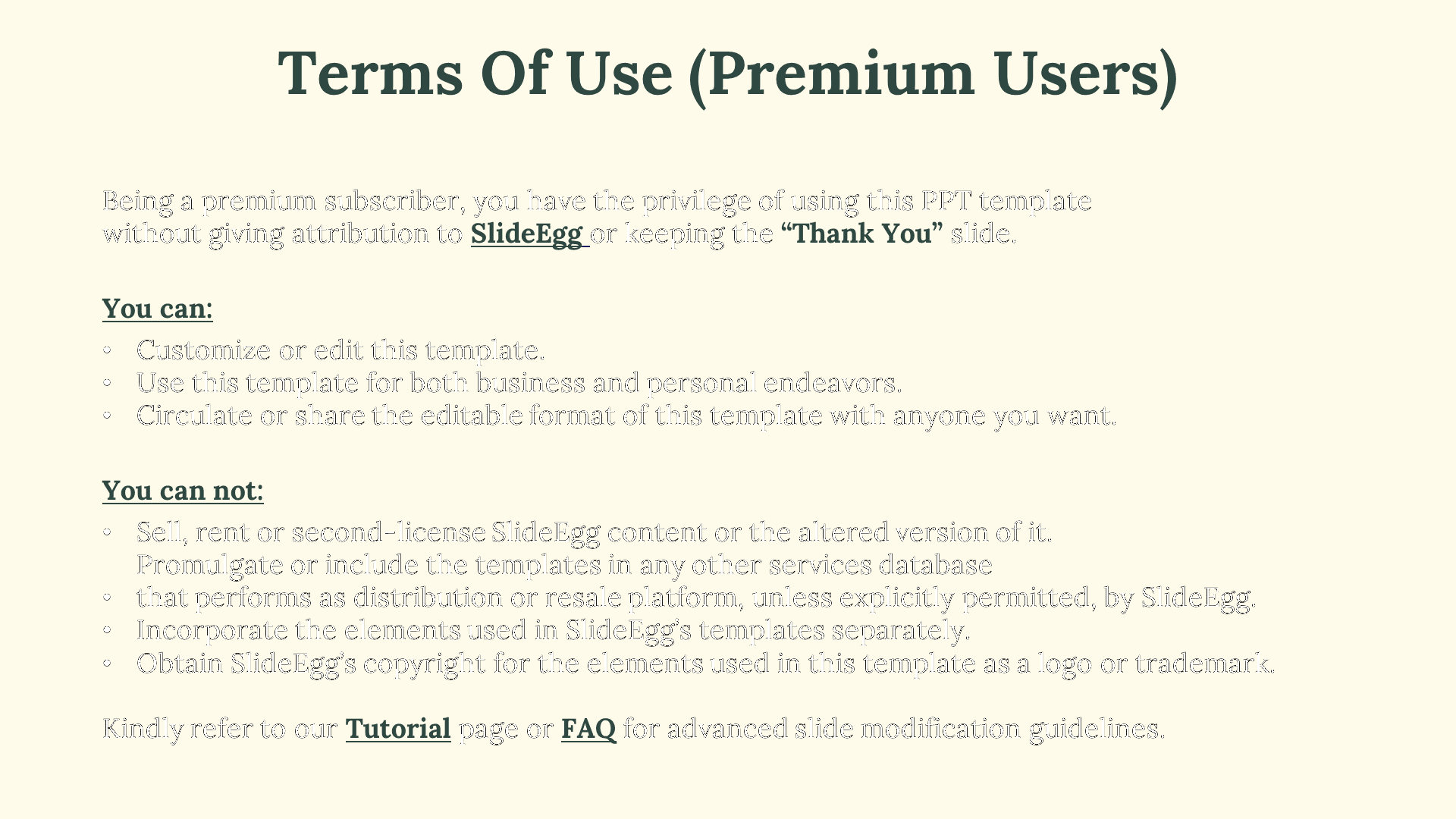 Premium user guidelines slide detailing allowed and prohibited uses of SlideEgg PPT on a beige background.