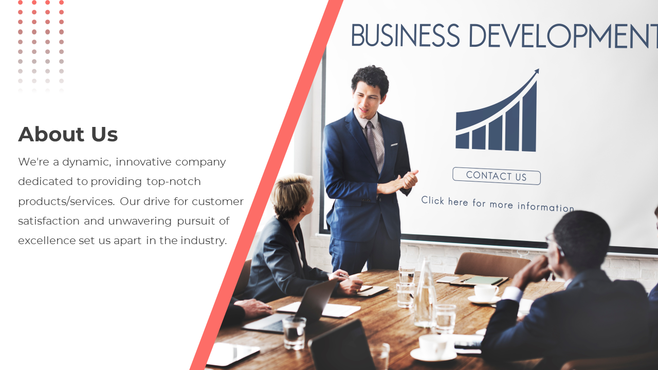 About us slide featuring a business meeting image, red diagonal accents, and structured text on a clean white background.