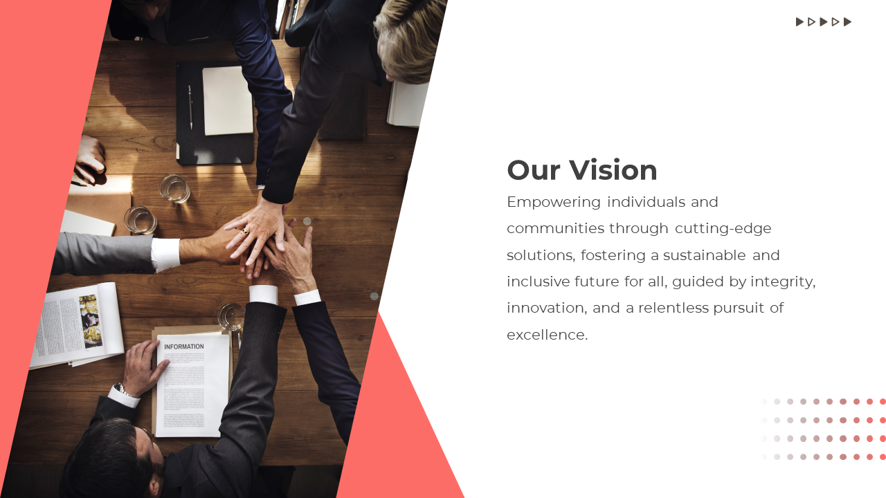 Vision slide featuring a group hand stack, on a wooden table setting, and bold black text with red highlights.