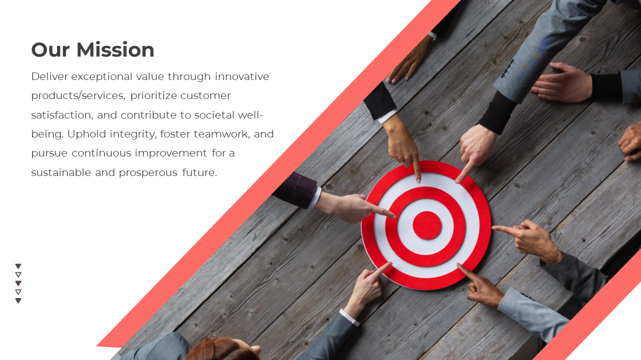 Mission slide featuring a bold red target with team hands pointing, and structured text highlighting corporate values.