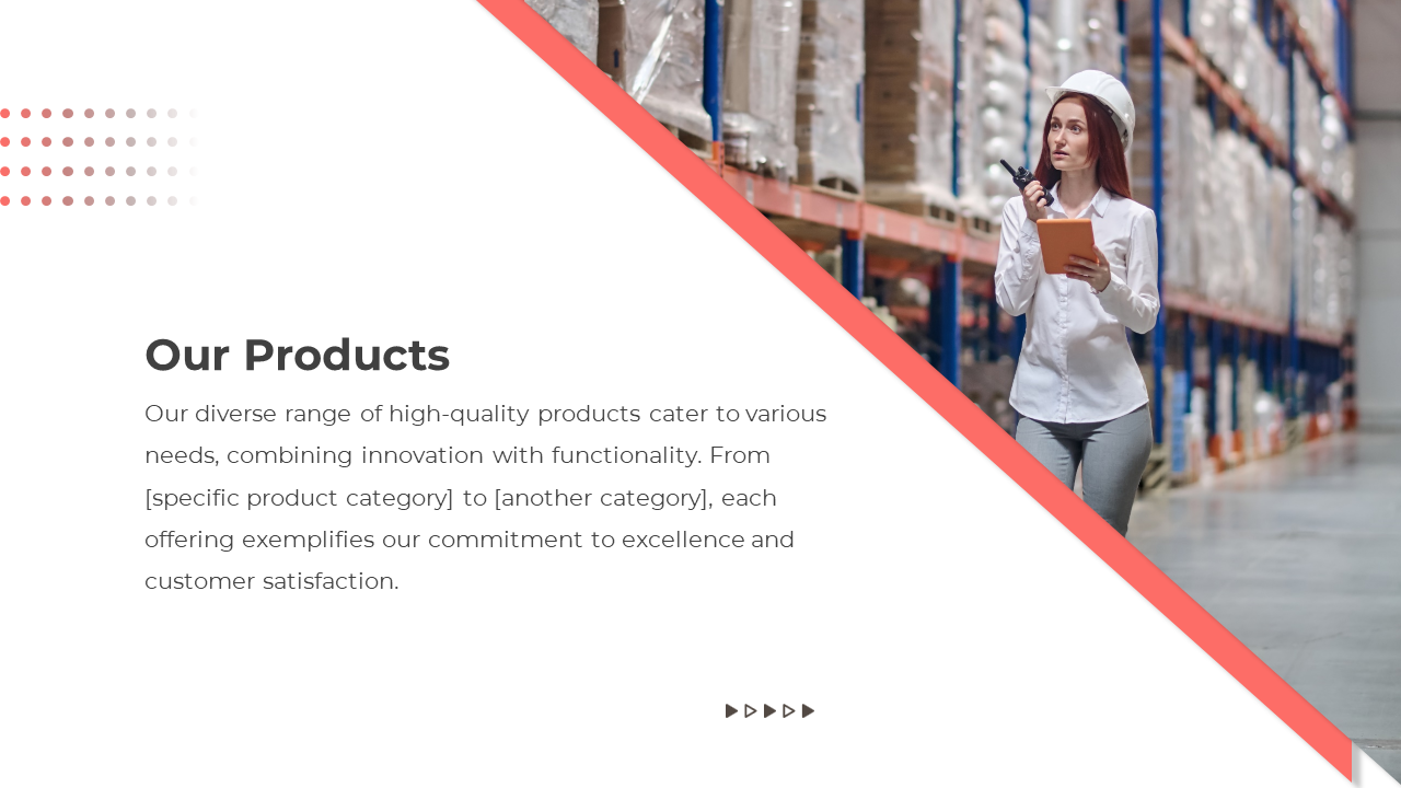 Slide showcasing a warehouse worker with a clipboard, on a diagonal layout, against a white background with red accents.