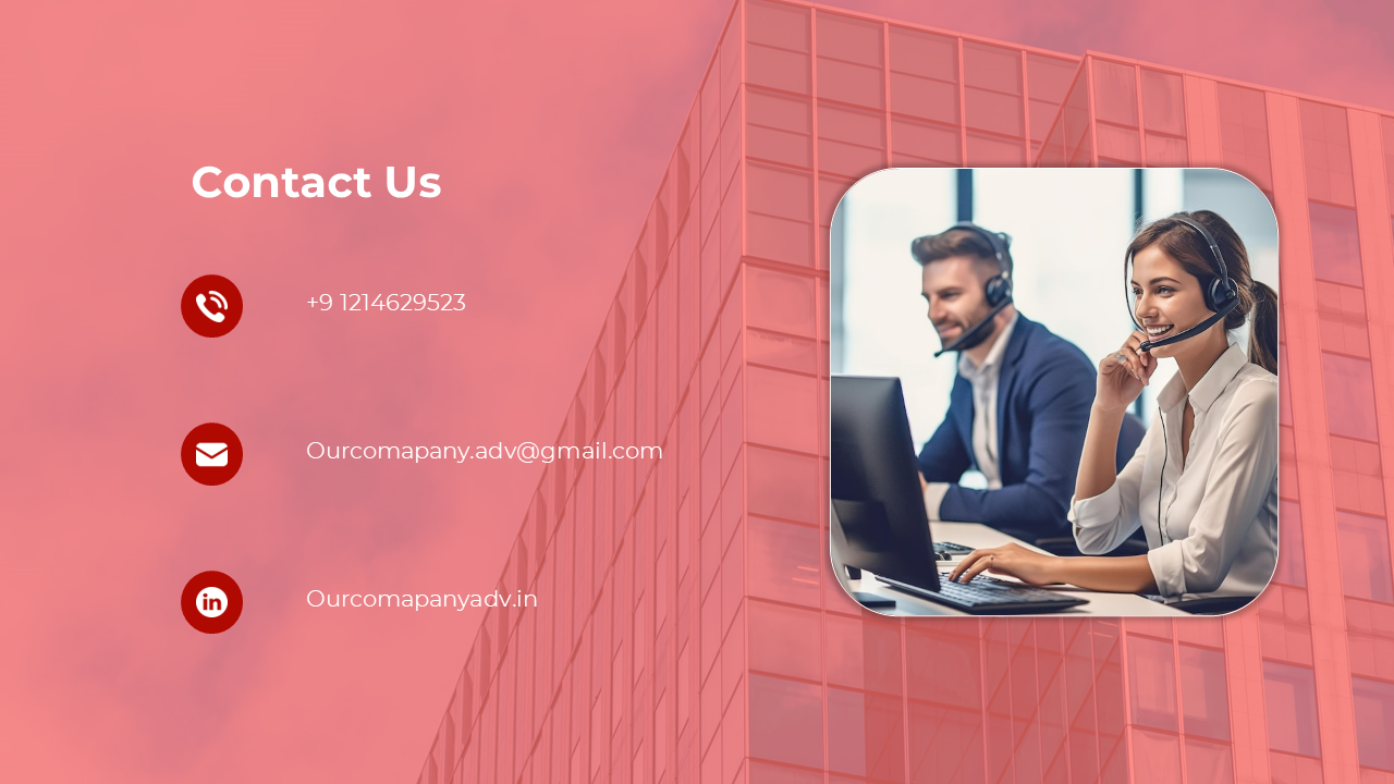 Slide with a pink toned office background, call center agents in a rounded photo, and three red contact icons on the left.