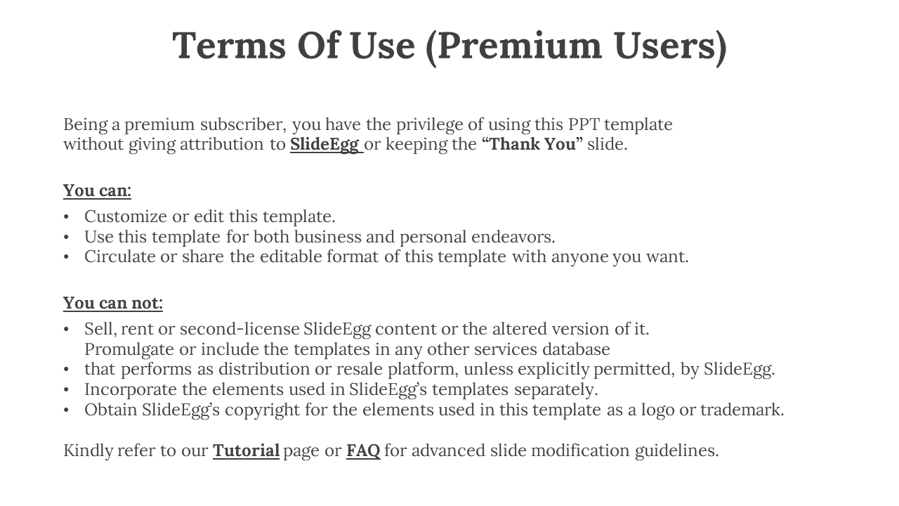 Terms of use for premium SlideEgg users, explaining the freedom to customize, share, and distribute templates.