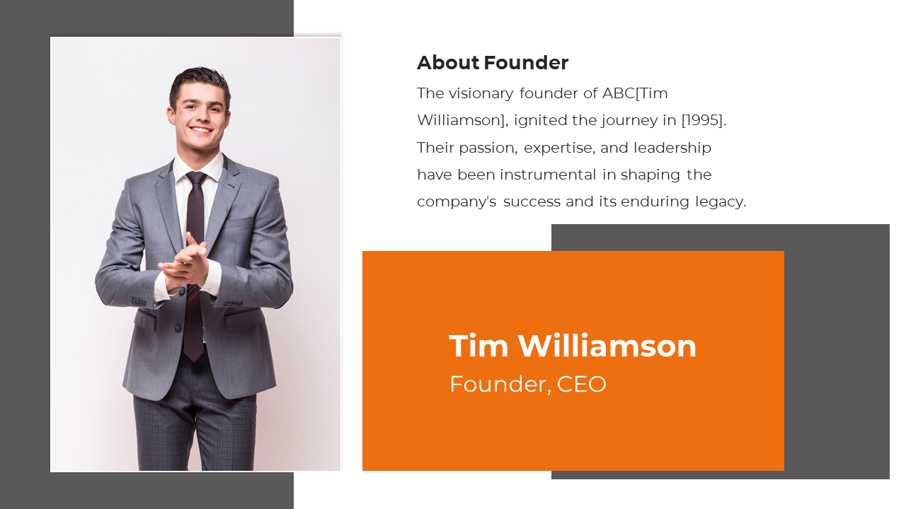 Portrait of a smiling man in a gray suit on a white background, with a company founder bio on the right in orange and gray.