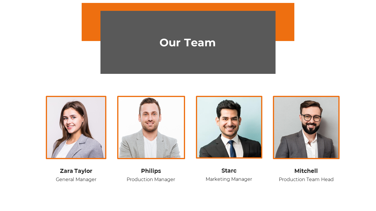 Team introduction slide with four professional headshots framed in orange, and a gray title box, on a white background.