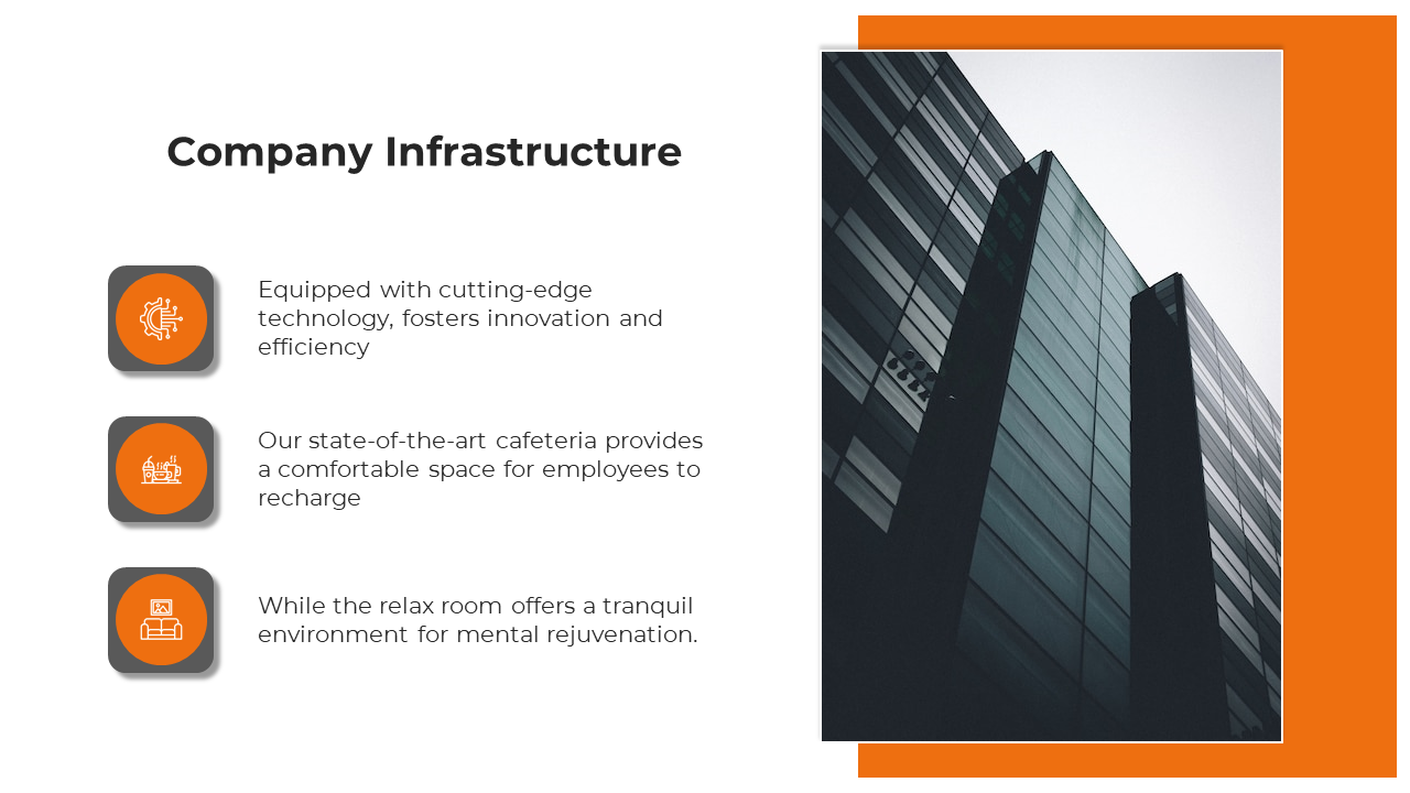 White slide featuring three icons and text and a large skyscraper image overlaps an orange frame on the right.