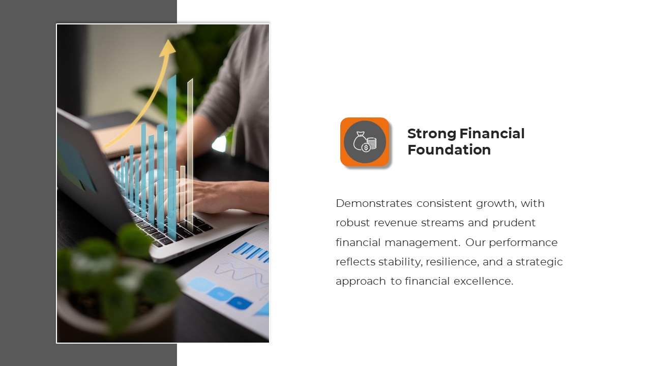 Slide with a laptop showing financial charts, and a bar graph overlay, featuring an orange icon and bold text.