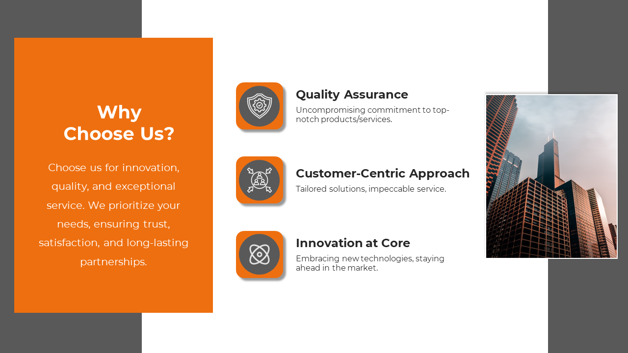 Slide with an orange sidebar, three gray icons with text, and a modern city skyline image on the right.
