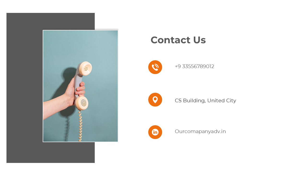 White slide featuring a hand holding a retro phone, with gray geometric shapes, and contact details with three orange icons.