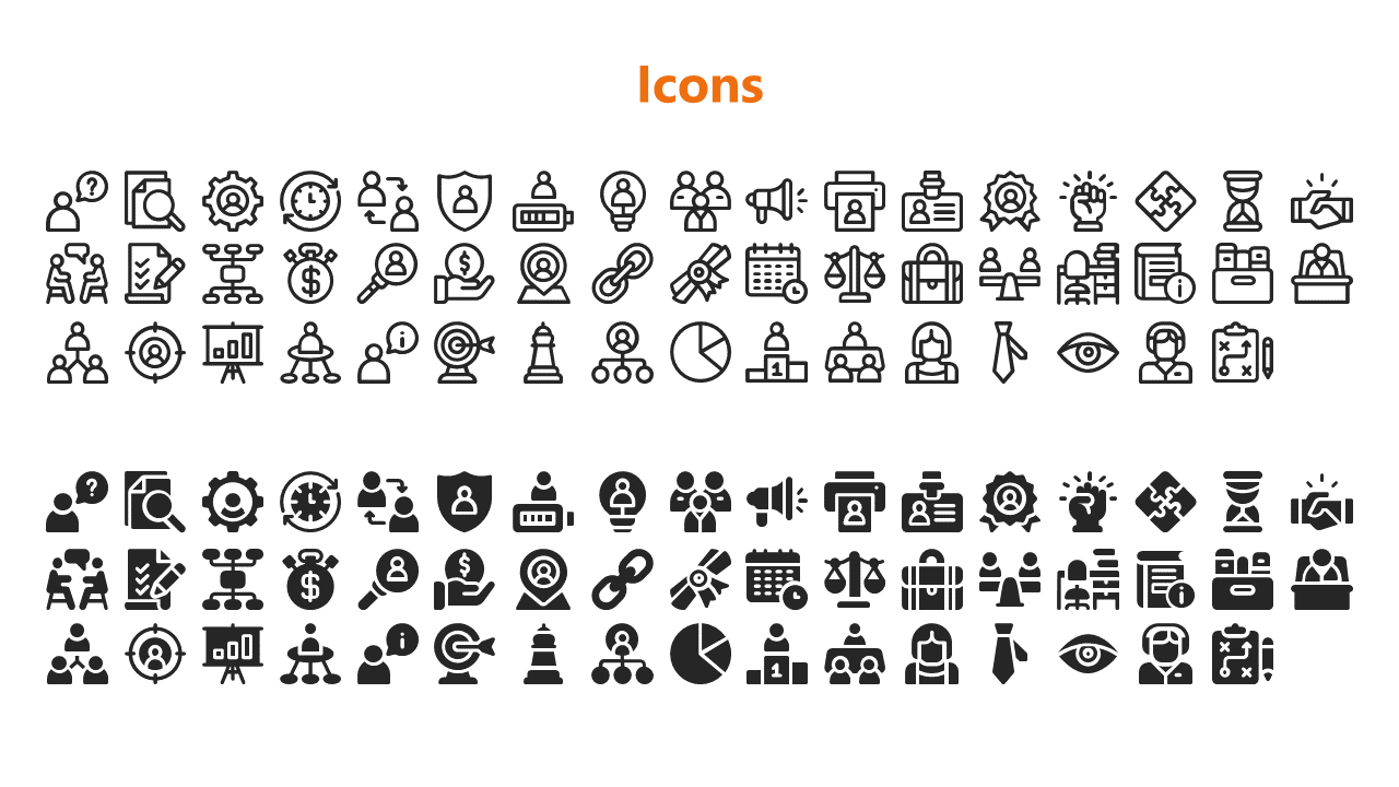 White slide with an orange heading and two sets of black outline and filled icons related to business and communication.
