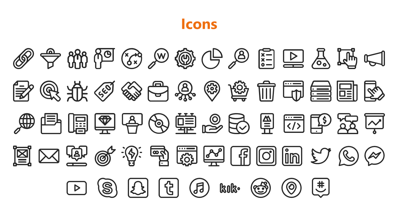 White background slide with an orange title and neatly arranged black icons related to business, social media, and tech.