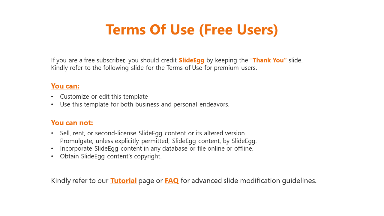 Slide with a clean white layout, an orange heading, black text, and highlighted terms outlining free user permissions.