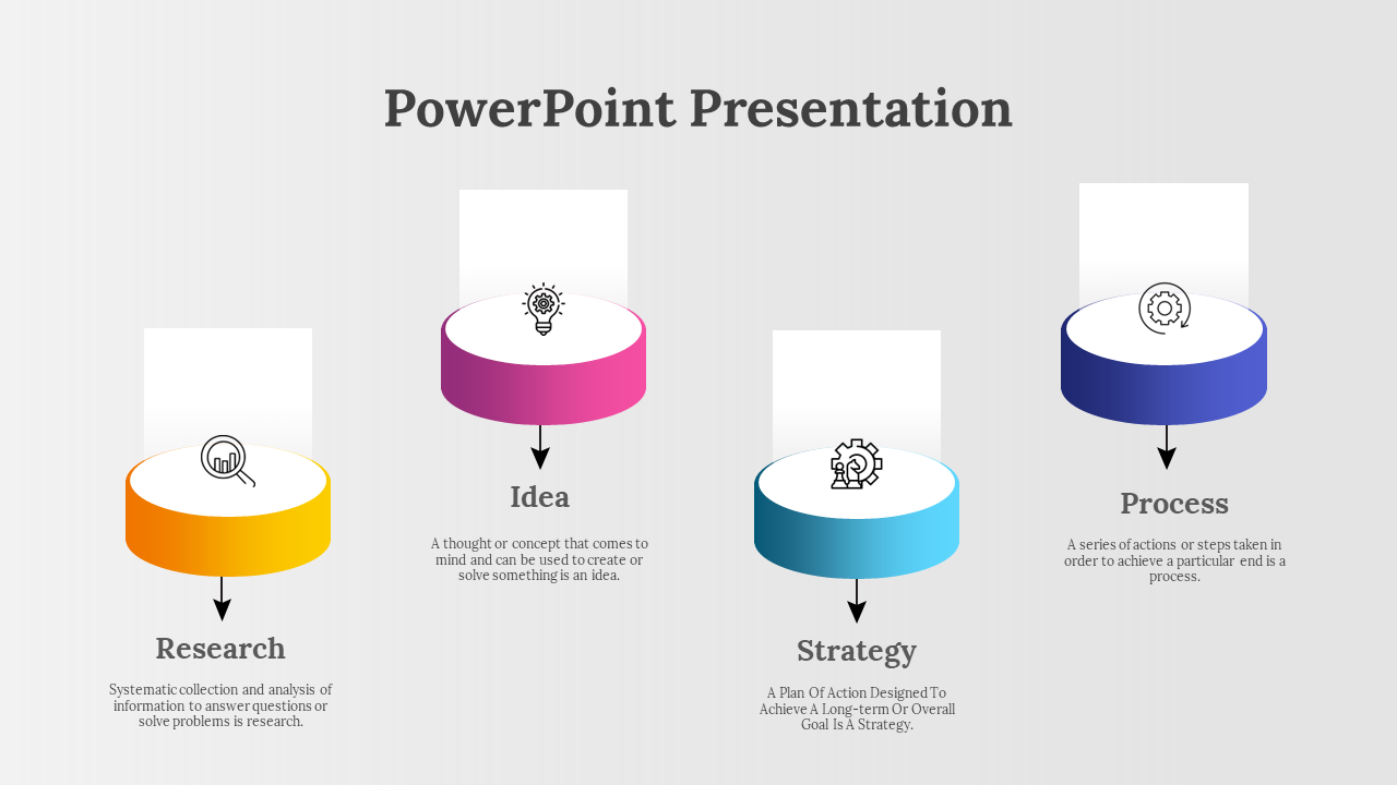Slide with four colored circles in yellow, pink, blue, and purple, each with icons and brief descriptions.