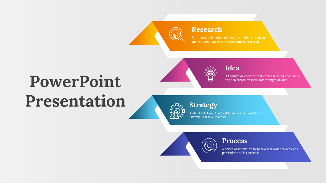 Slide with stacked blocks and triangular edges in yellow, pink, blue, and purple, each containing icons and text.