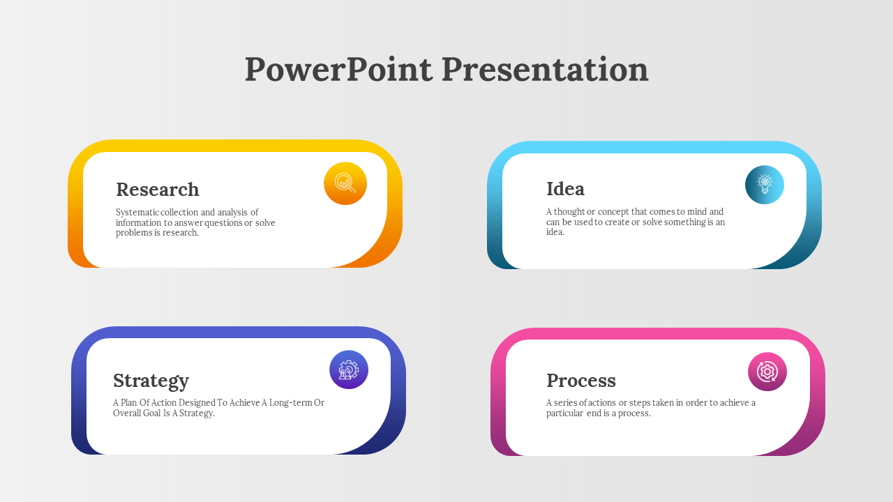 PowerPoint layout featuring rectangular blocks with frames in yellow, blue, purple, and pink, each with icons and text.