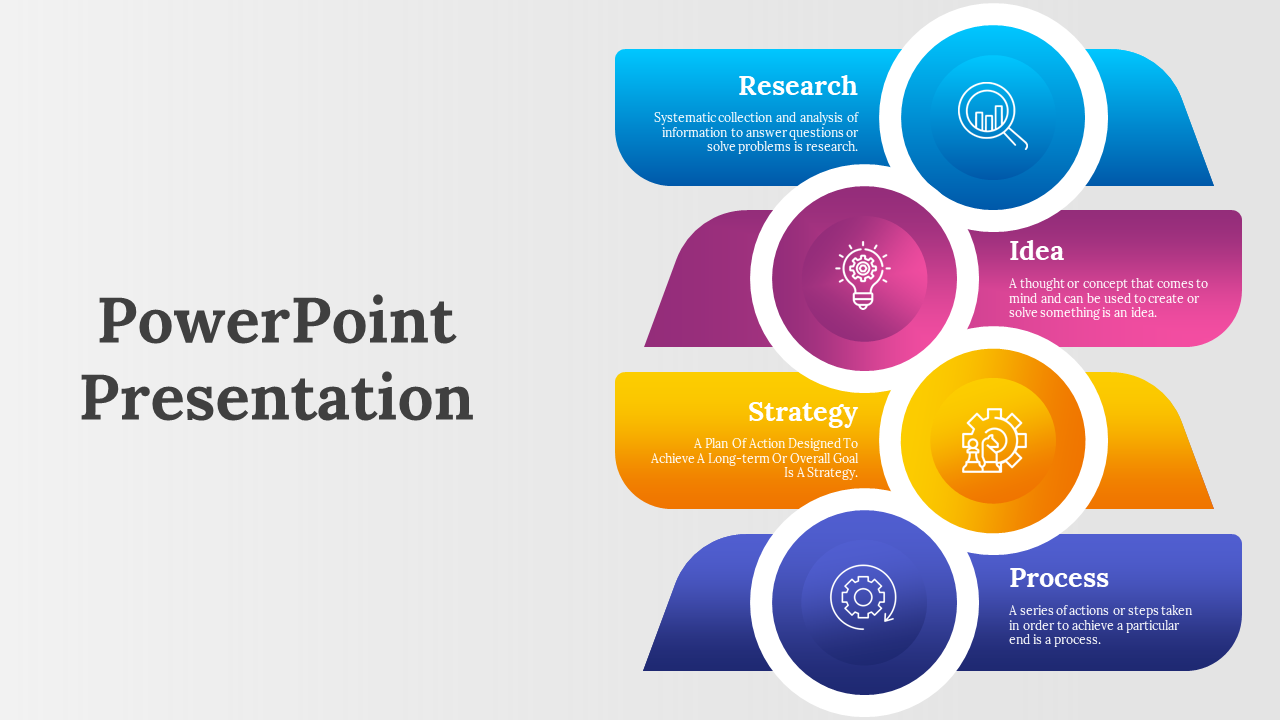 Slide featuring four horizontal blocks in blue, pink, orange, and purple, with circular icons and descriptions.