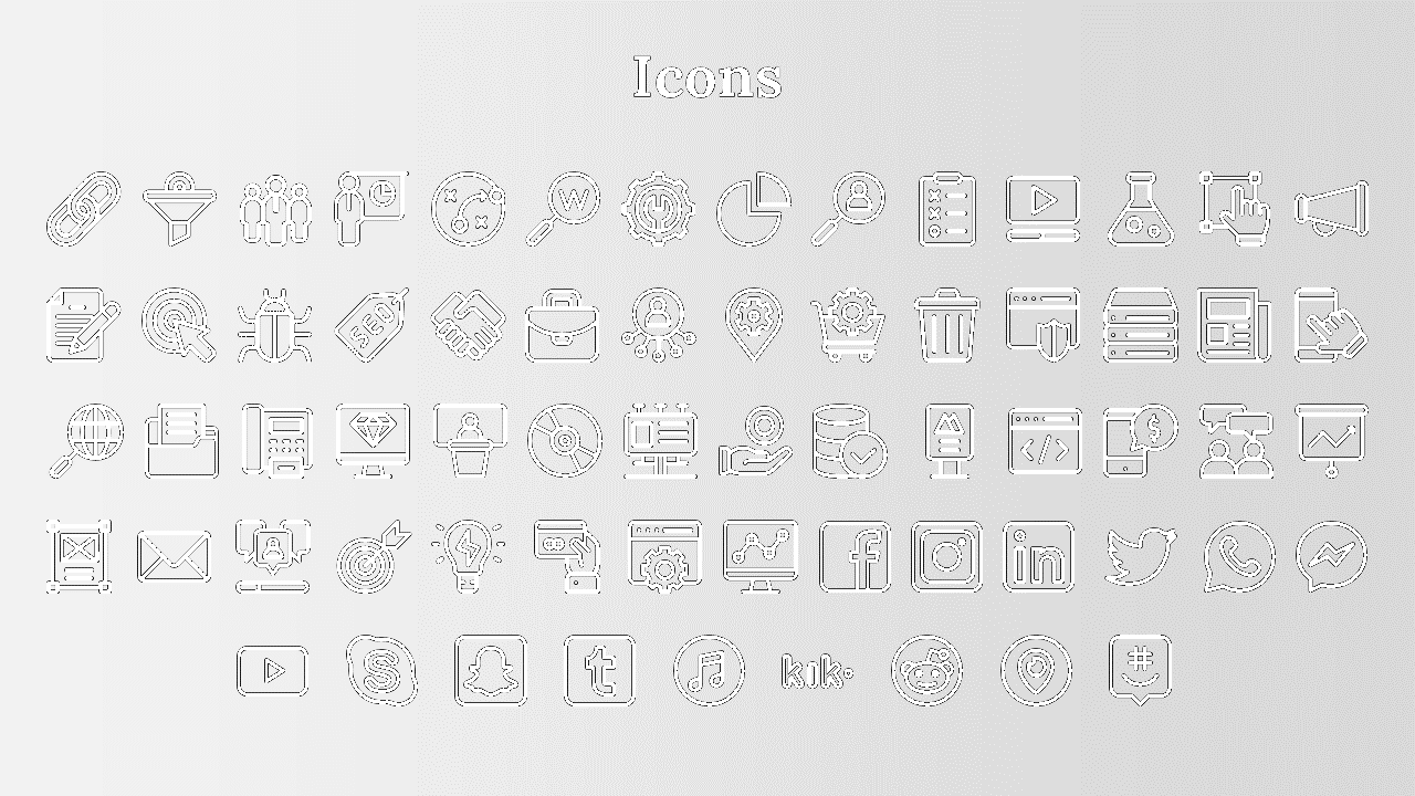 Simple grid layout of line drawn icons representing various business, social media, and technology elements.