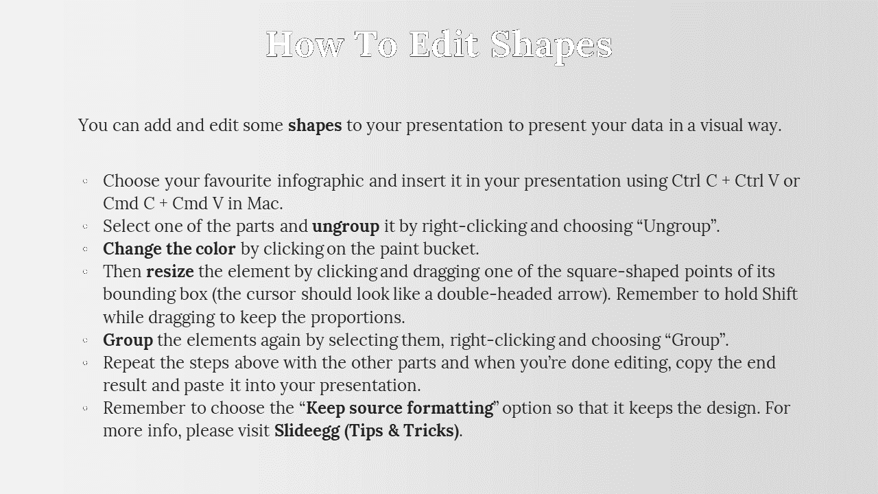 Tutorial slide showing steps to edit shapes, with numbered instructions, a bold title, and tips on editing infographics.