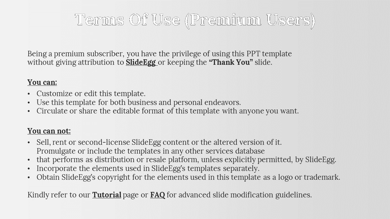 Terms of use slide with bold black title, bullet points for permissions and restrictions, and a footer with tutorial links.