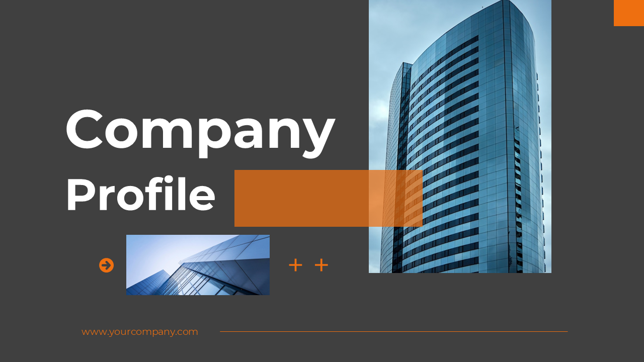 Company profile slide with bold white text, a modern skyscraper image, and orange accents on a dark gray background.