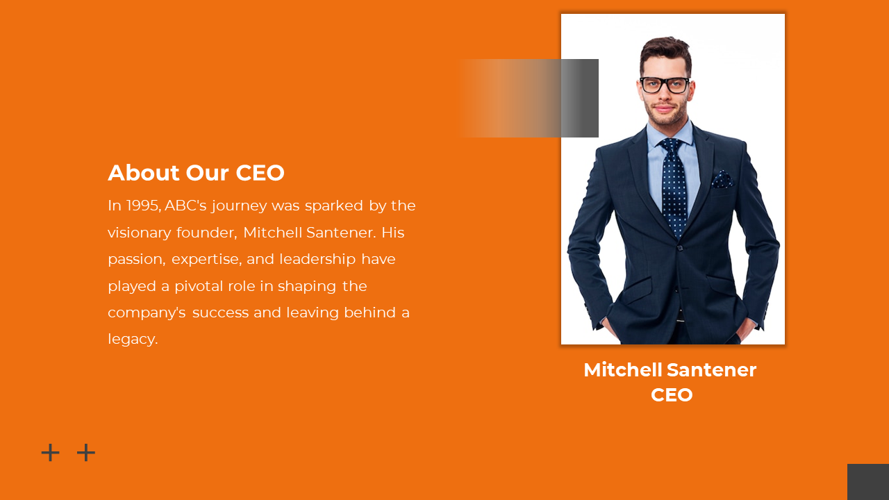 Slide introducing the CEO, featuring a professional portrait on the right and company history text on an orange backdrop.