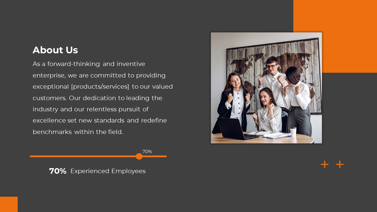 About us slide with a gray background, white text, an orange progress bar, and a photo of a happy team celebrating success.