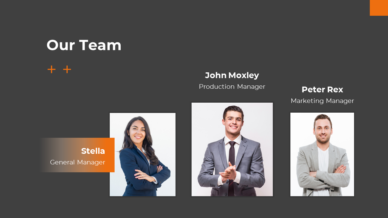 Team introduction slide with three portraits on a dark gray background, featuring names, roles, and an orange highlight.