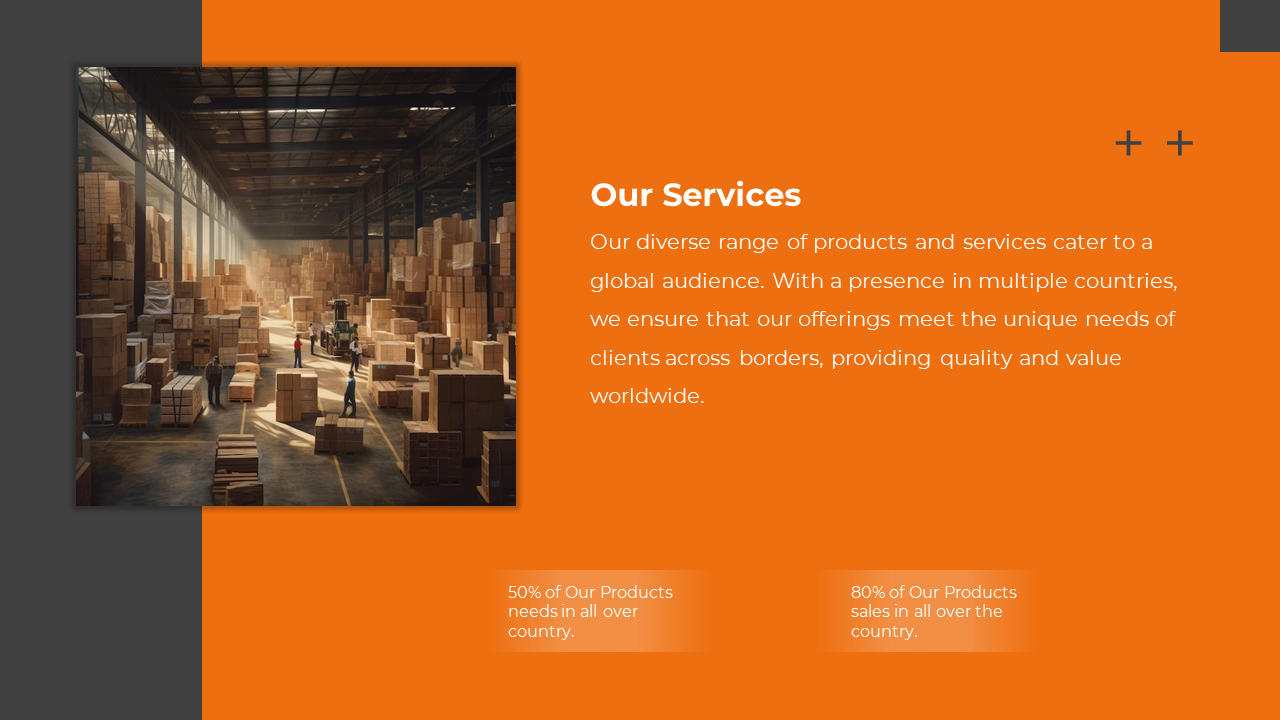 Warehouse image on the left with stacked boxes and workers, and an orange background on the right displaying service details.