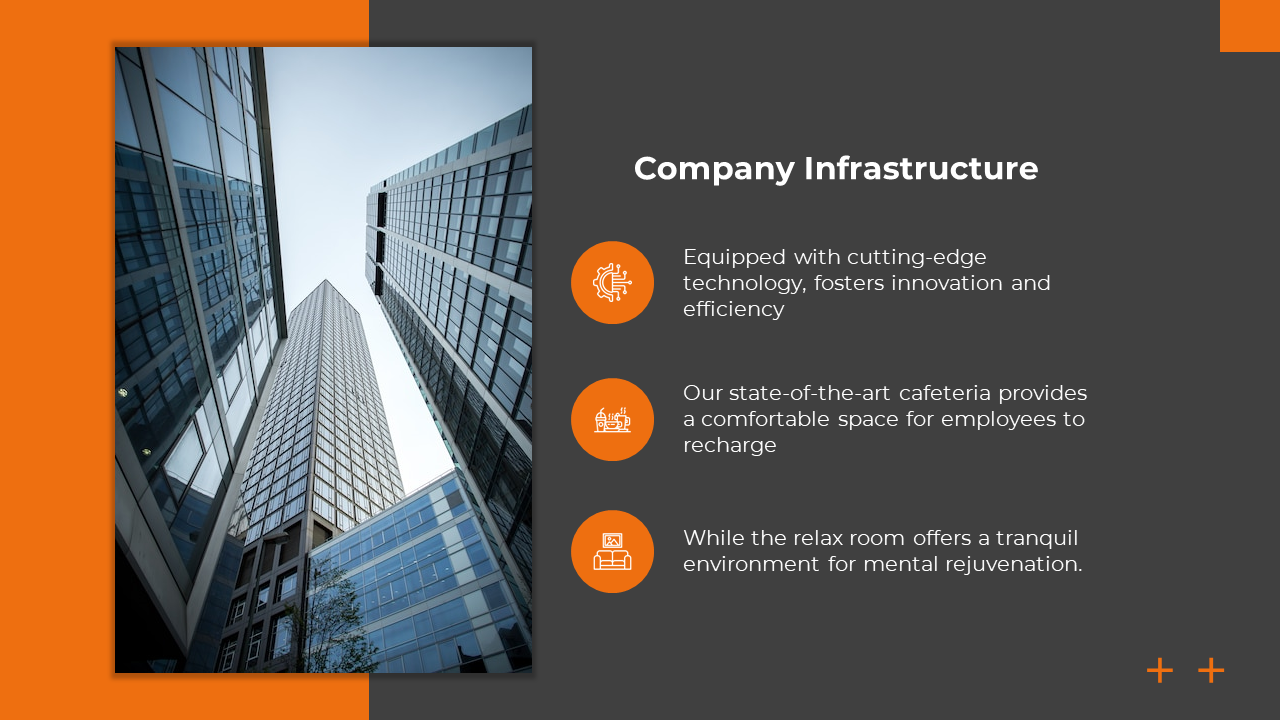 Slide with a skyscraper image on the left, and three orange icons highlighting infrastructure, on a dark gray background.