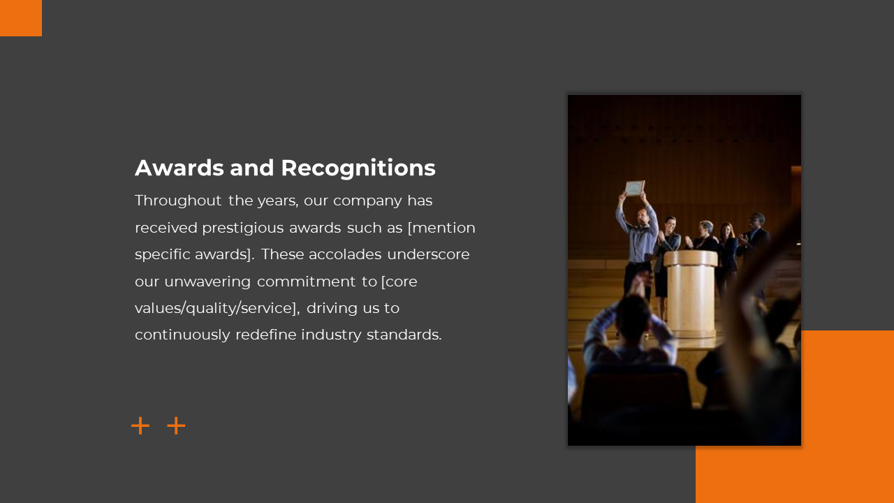 Dark gray background with white text on the left and an award ceremony image on the right, accented with orange shapes.