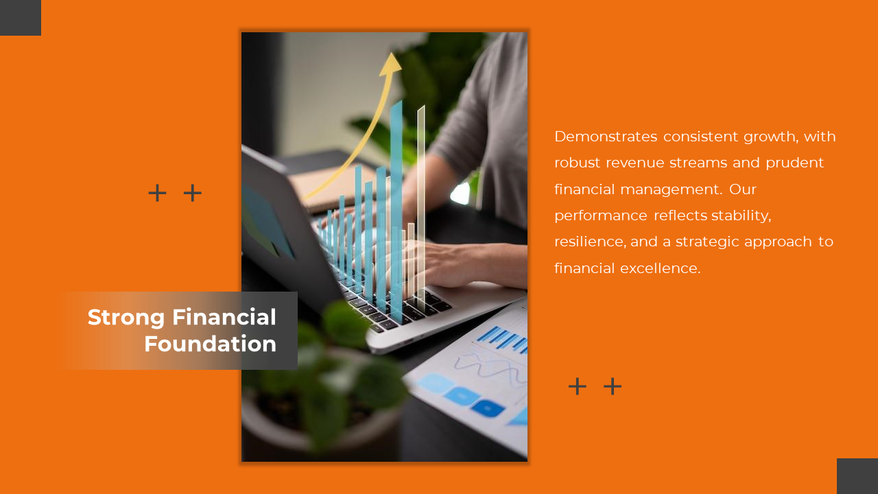 Financial slide featuring a 3D bar graph emerging from a laptop, and supporting text on an orange background.
