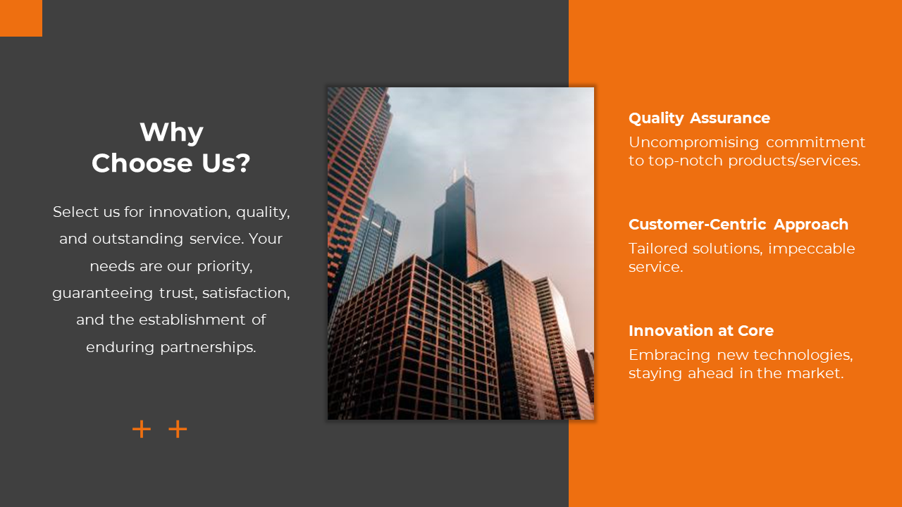 Business slide with a city skyline image, white text on dark gray, and key benefits in orange right section.