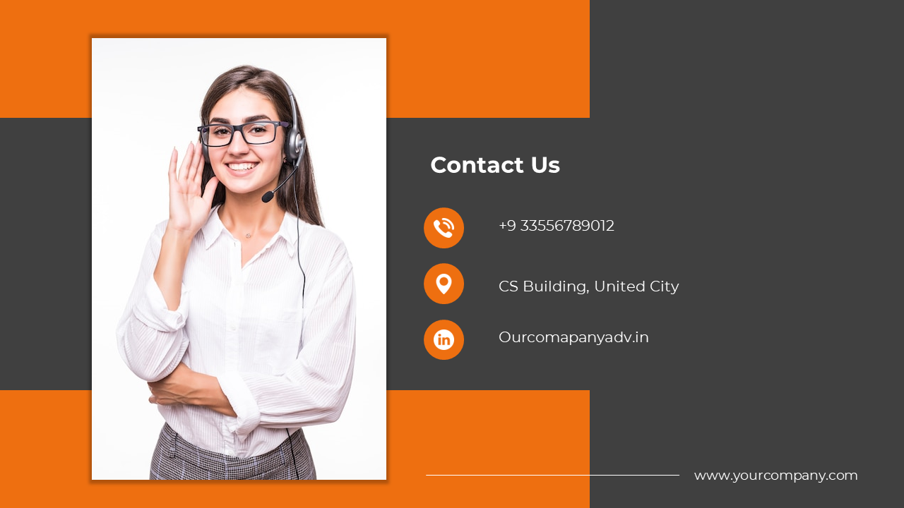 Slide featuring a smiling woman in a headset on the left with orange accents and contact details on a dark gray background.
