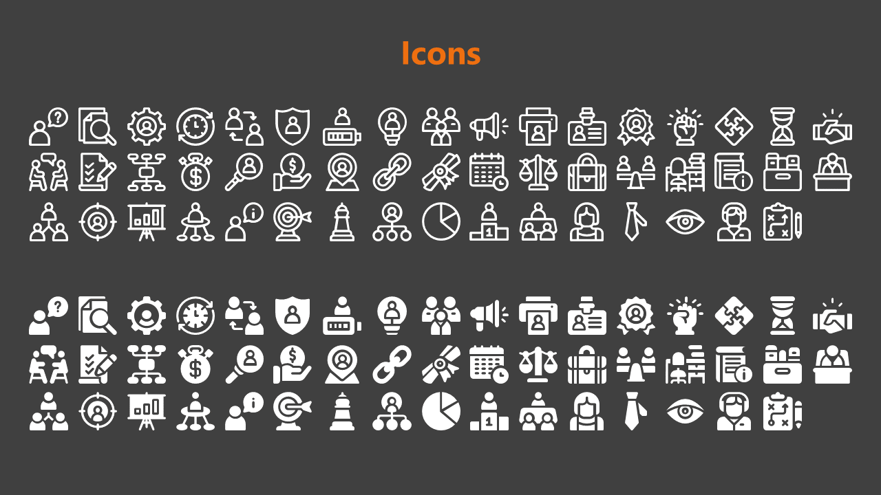 Set of outlined and bold white business icons on a dark gray background, neatly displayed in two sections.