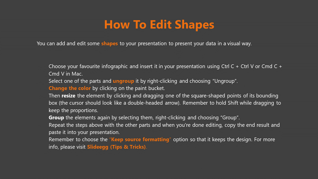 Instructional slide with a dark theme, orange highlights, and step by step guidance on editing shapes in a presentation.