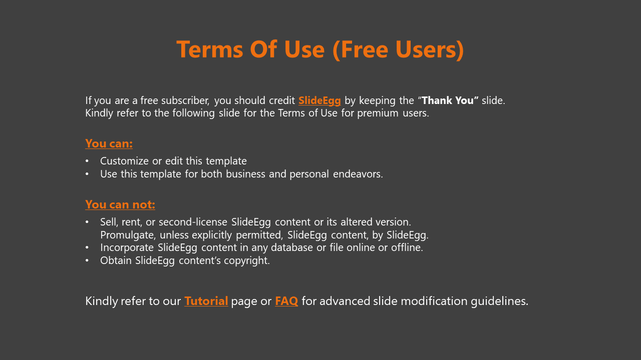 Structured slide with a dark theme, orange and white text, detailing terms of use for free users in bullet points.
